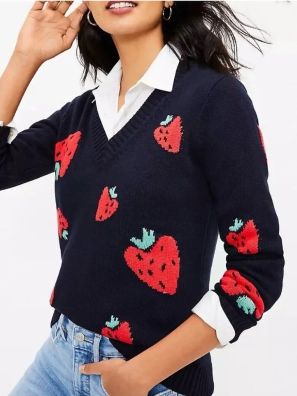 LOFT Navy V-Neck Knit Sweater with Red Strawberries